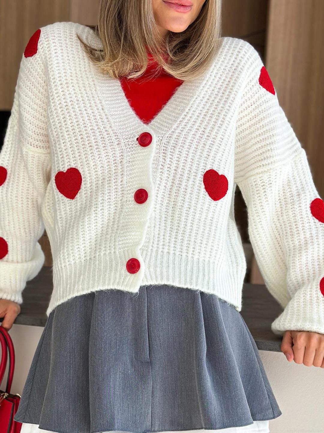 Women's Heart Pattern Knit Cardigan V-Neck Long Sleeve Button Up Sweater Acrylic Blend Loose Outerwear For Autumn Winter Casual Daily Wear Sweet Chic White Red