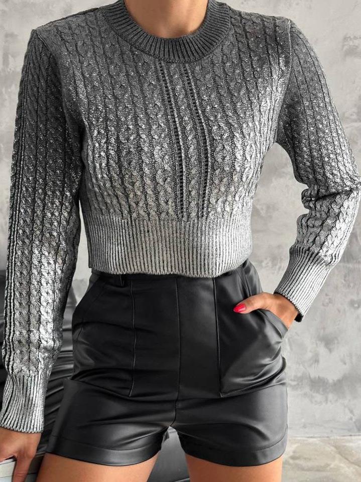 Women's Metallic Silver Coated Knit Sweater Round Neck Long Sleeve Crop Top Cable Knit Pullover American Street Style Fashion Autumn Winter Shiny Jumper