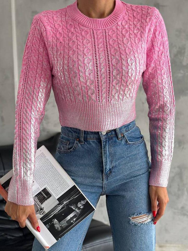 Women's Metallic Silver Coated Knit Sweater Round Neck Long Sleeve Crop Top Cable Knit Pullover American Street Style Fashion Autumn Winter Shiny Jumper