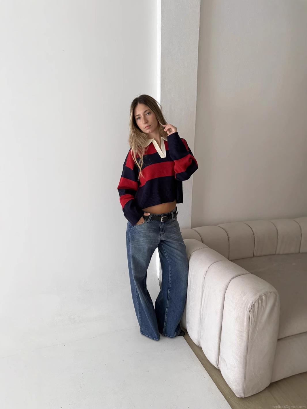 Women's American Vintage Striped Knitted Polo Sweater Long Sleeve Cropped Pullover Top Contrast Color Preppy Style Casual Knitwear For Women