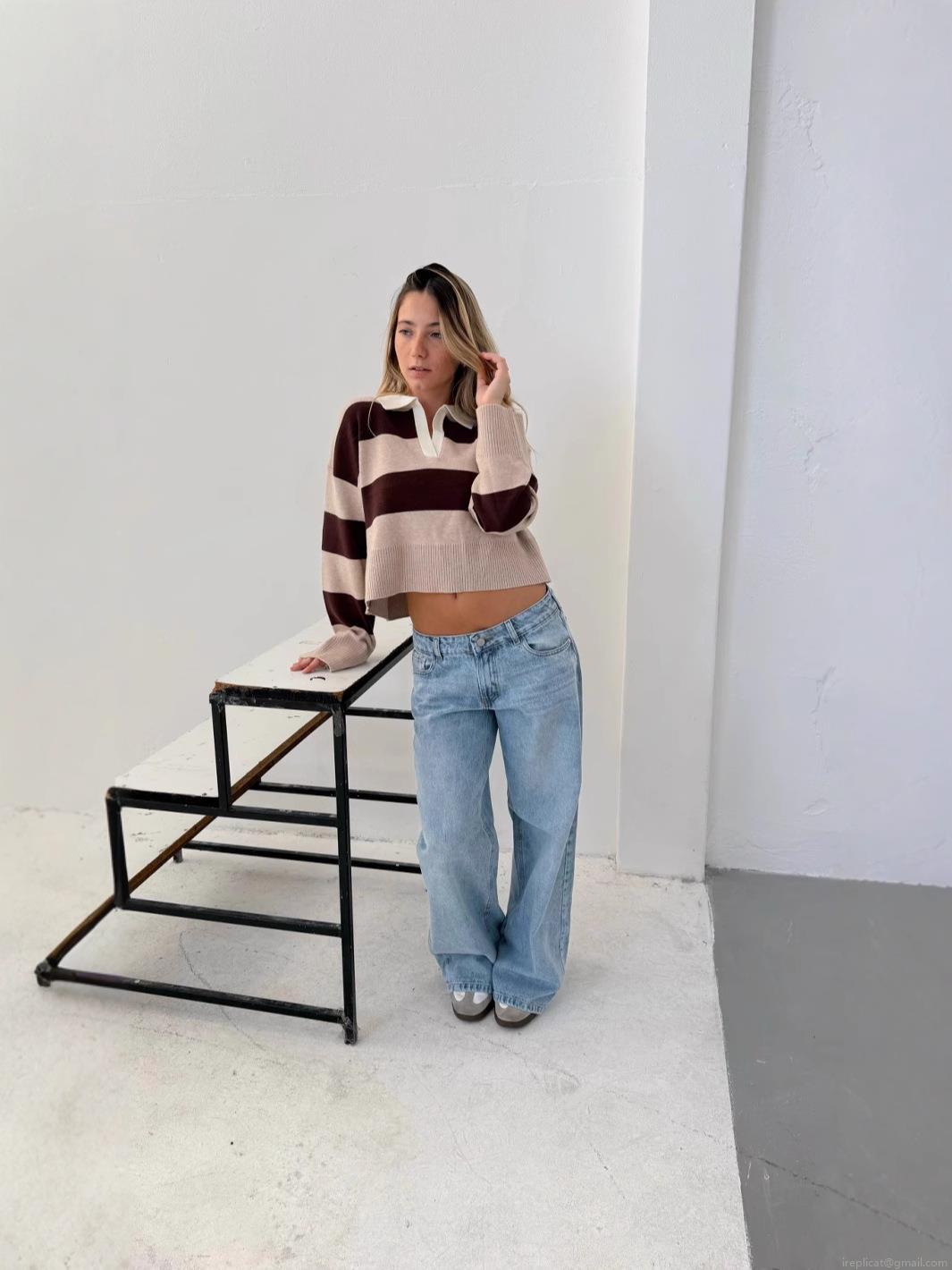 Women's American Vintage Striped Knitted Polo Sweater Long Sleeve Cropped Pullover Top Contrast Color Preppy Style Casual Knitwear For Women