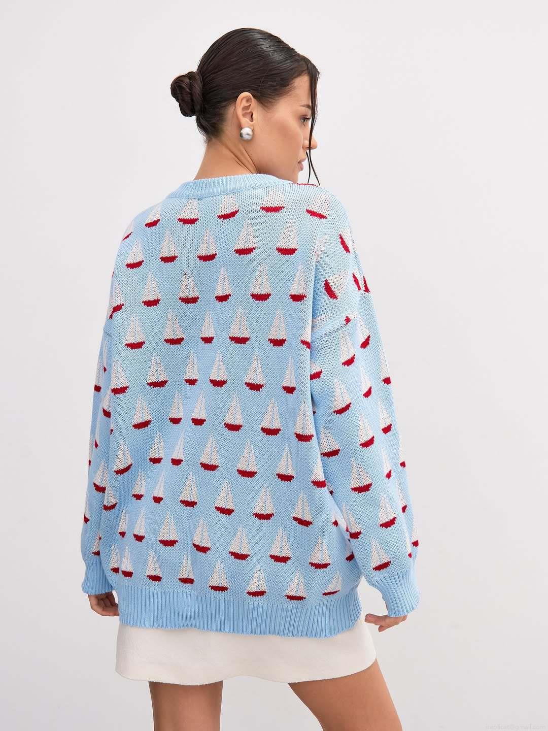 Women's Sailboat Pattern Jacquard Knitted Sweater Casual Loose Round Neck Long Sleeve Pullover Cotton Blend Autumn Winter Fashion Jumper Tops