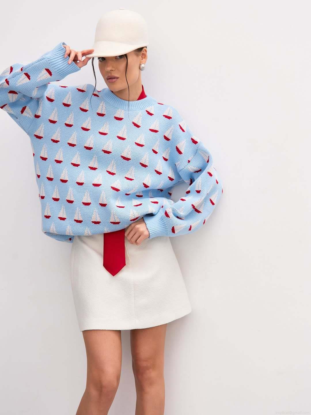Women's Sailboat Pattern Jacquard Knitted Sweater Casual Loose Round Neck Long Sleeve Pullover Cotton Blend Autumn Winter Fashion Jumper Tops