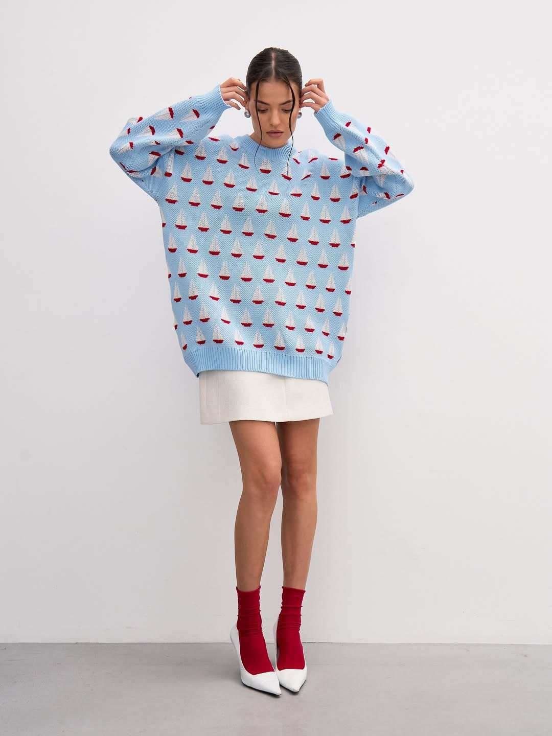 Women's Sailboat Pattern Jacquard Knitted Sweater Casual Loose Round Neck Long Sleeve Pullover Cotton Blend Autumn Winter Fashion Jumper Tops