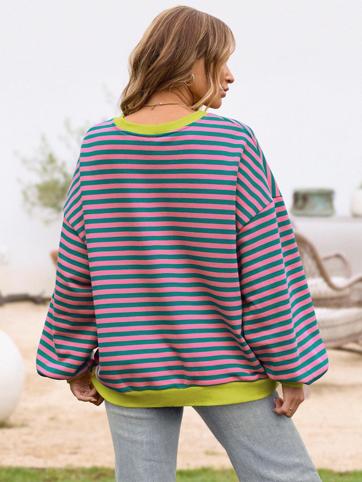Women's Casual Striped Crew Neck Sweatshirt Loose Fit Color Block Long Sleeve Pullover Top With Chest Pocket Soft Comfortable Autumn Winter Warm Fashion Hoodies