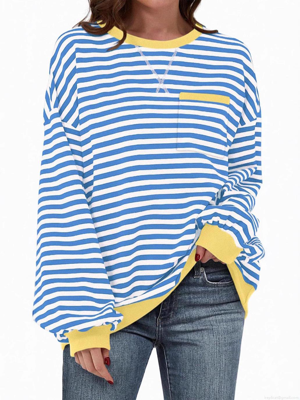 Women's Casual Striped Crew Neck Sweatshirt Loose Fit Color Block Long Sleeve Pullover Top With Chest Pocket Soft Comfortable Autumn Winter Warm Fashion Hoodies