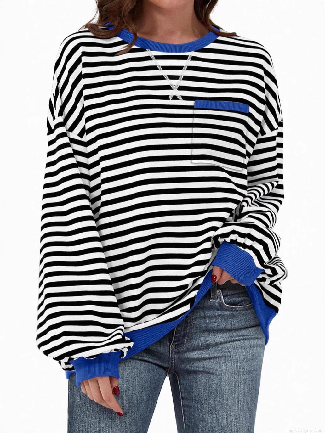 Women's Casual Striped Crew Neck Sweatshirt Loose Fit Color Block Long Sleeve Pullover Top With Chest Pocket Soft Comfortable Autumn Winter Warm Fashion Hoodies
