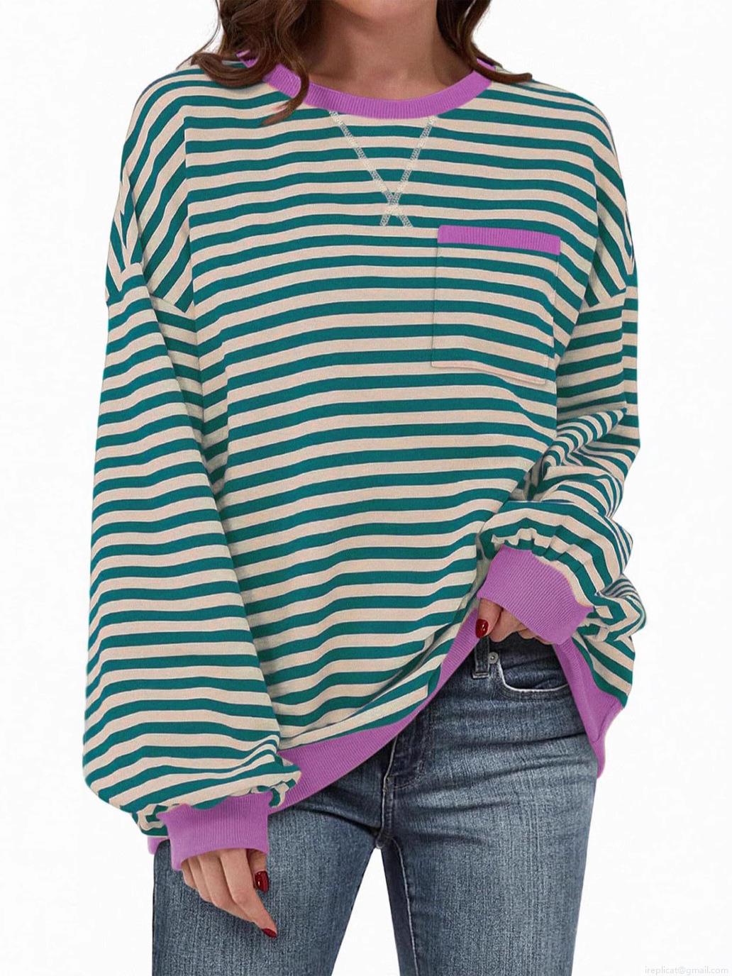 Women's Casual Striped Crew Neck Sweatshirt Loose Fit Color Block Long Sleeve Pullover Top With Chest Pocket Soft Comfortable Autumn Winter Warm Fashion Hoodies