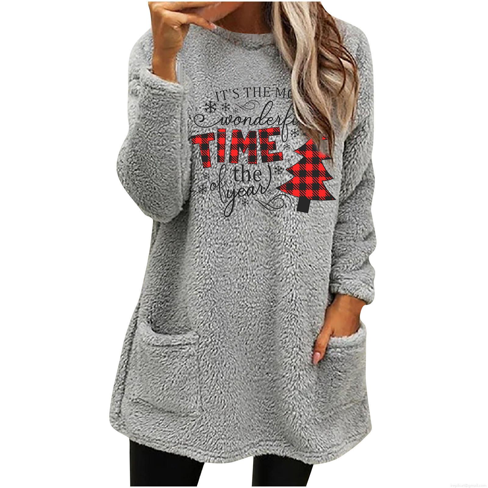 Women's Casual Sherpa Fleece Sweatshirt Long Sleeve Pullover With Pockets Loose Fit Fuzzy Tunic Top Christmas Halloween Graphic Print Fall Winter Warm
