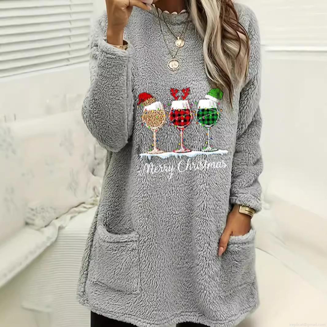 Women's Casual Sherpa Fleece Sweatshirt Long Sleeve Pullover With Pockets Loose Fit Fuzzy Tunic Top Christmas Halloween Graphic Print Fall Winter Warm