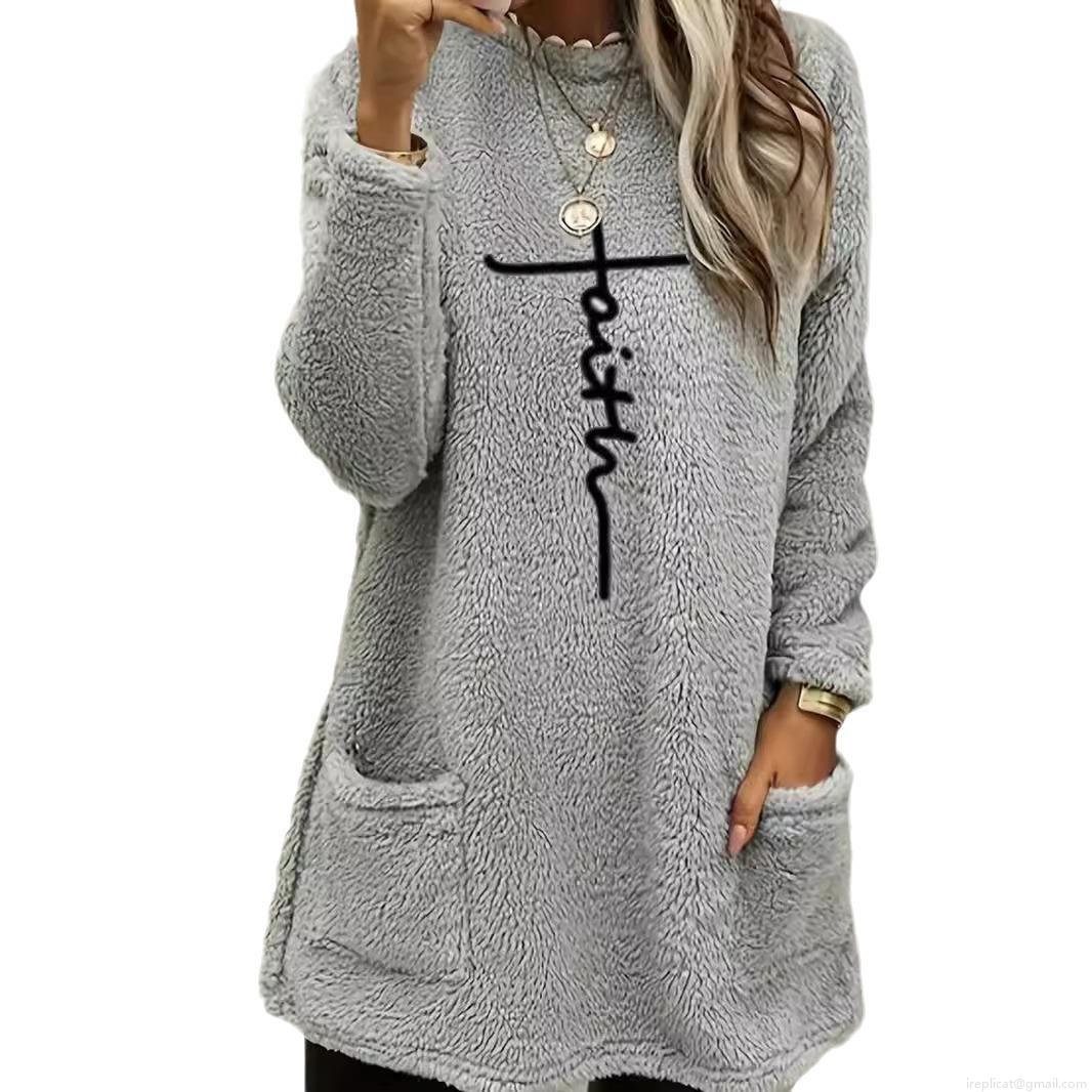 Women's Casual Sherpa Fleece Sweatshirt Long Sleeve Pullover With Pockets Loose Fit Fuzzy Tunic Top Christmas Halloween Graphic Print Fall Winter Warm