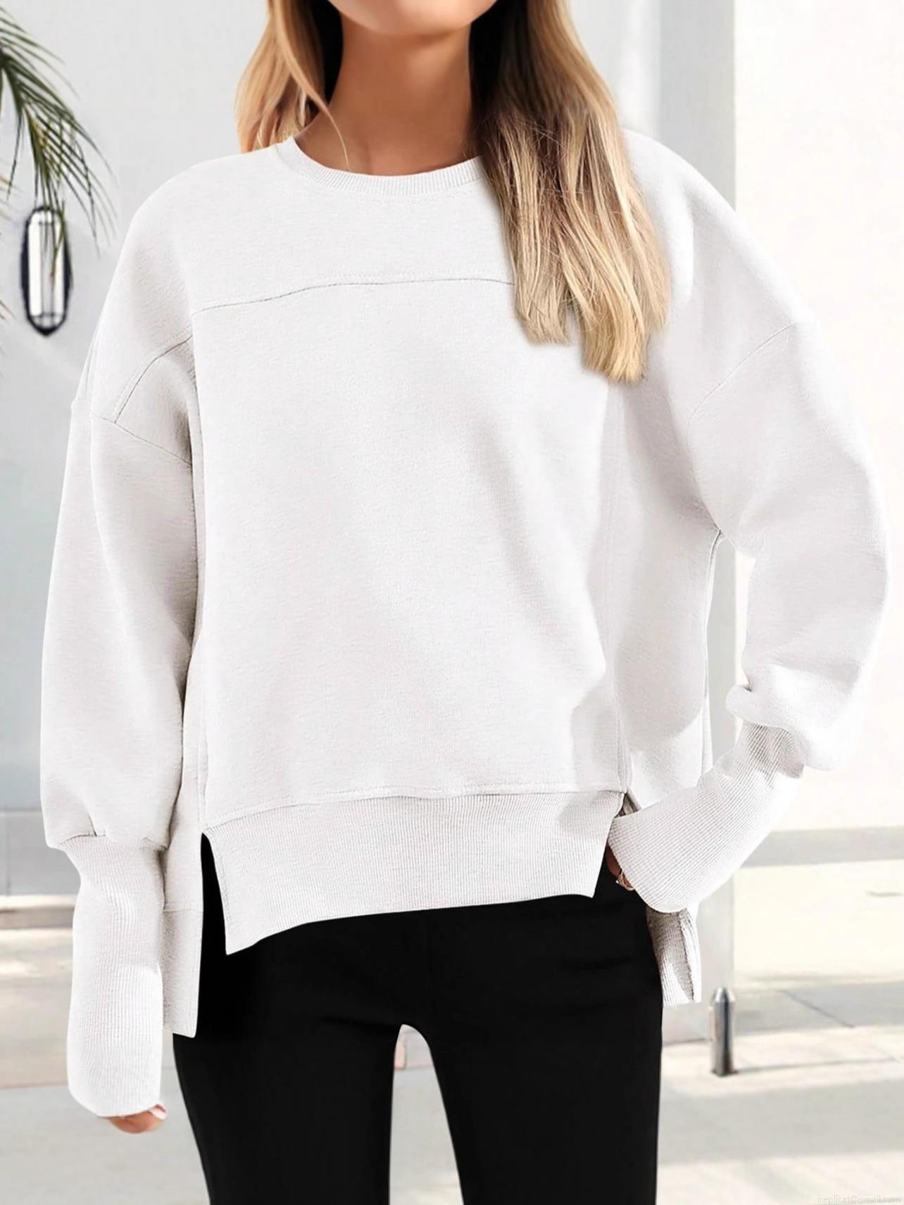 Women's Casual Oversized Sweatshirt Polyester Blend Round Neck Long Sleeve Side Slits Drop Shoulder Pullover Top For Autumn Winter Sport Women Clothes