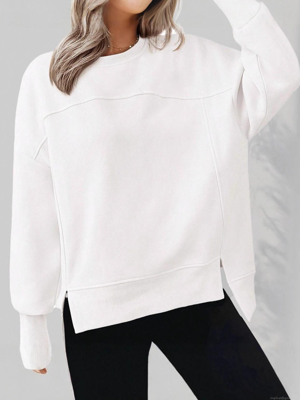 Women's Casual Oversized Sweatshirt Polyester Blend Round Neck Long Sleeve Side Slits Drop Shoulder Pullover Top For Autumn Winter Sport Women Clothes