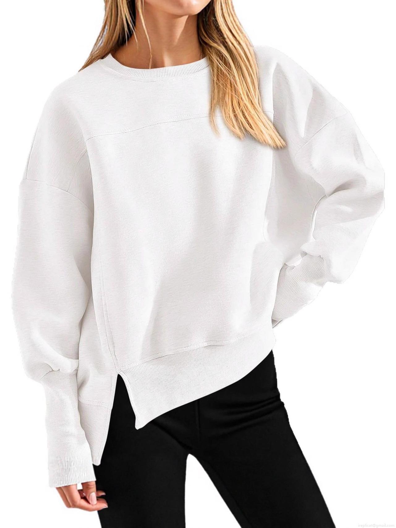 Women's Casual Oversized Sweatshirt Polyester Blend Round Neck Long Sleeve Side Slits Drop Shoulder Pullover Top For Autumn Winter Sport Women Clothes