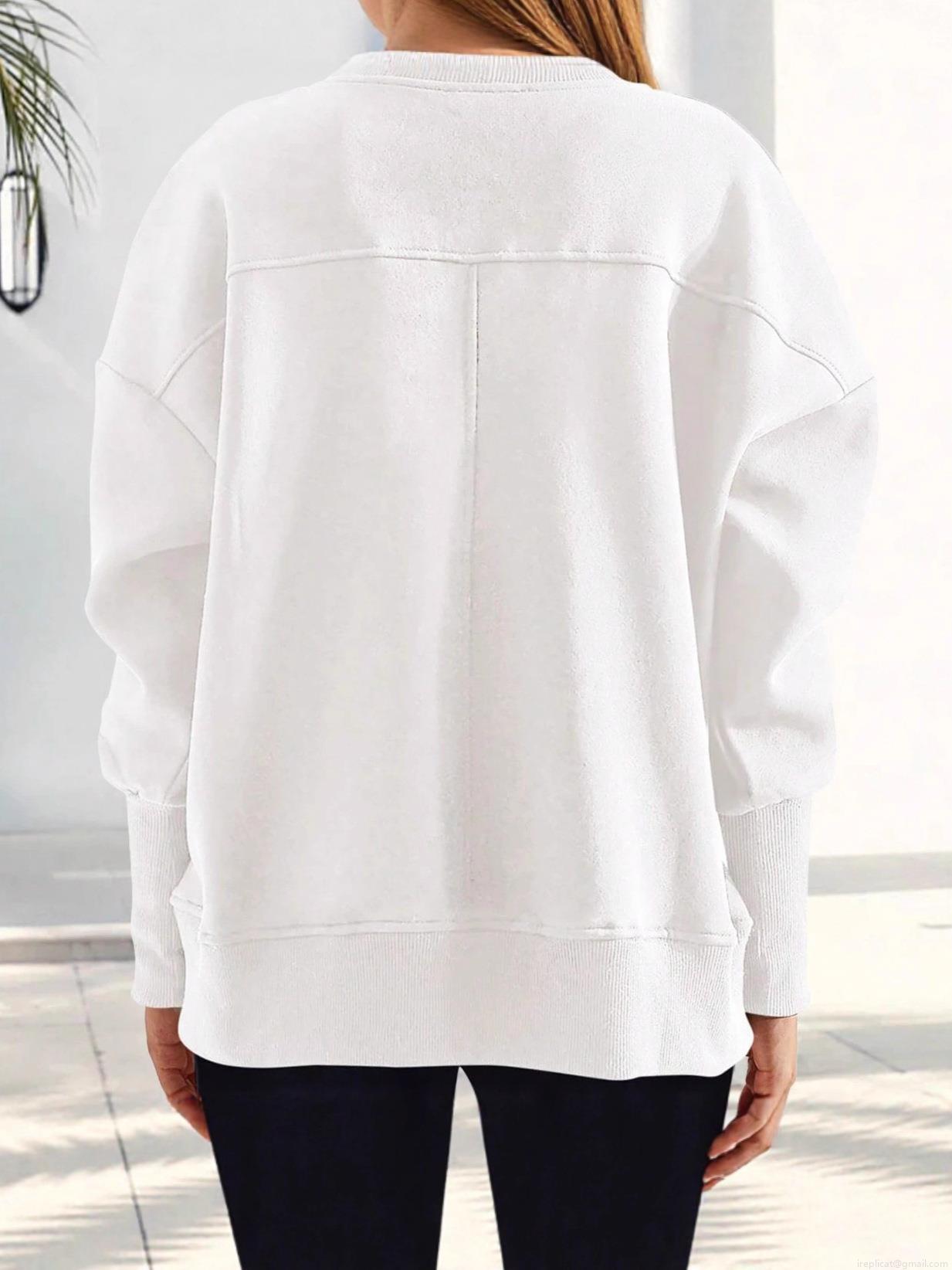 Women's Casual Oversized Sweatshirt Polyester Blend Round Neck Long Sleeve Side Slits Drop Shoulder Pullover Top For Autumn Winter Sport Women Clothes