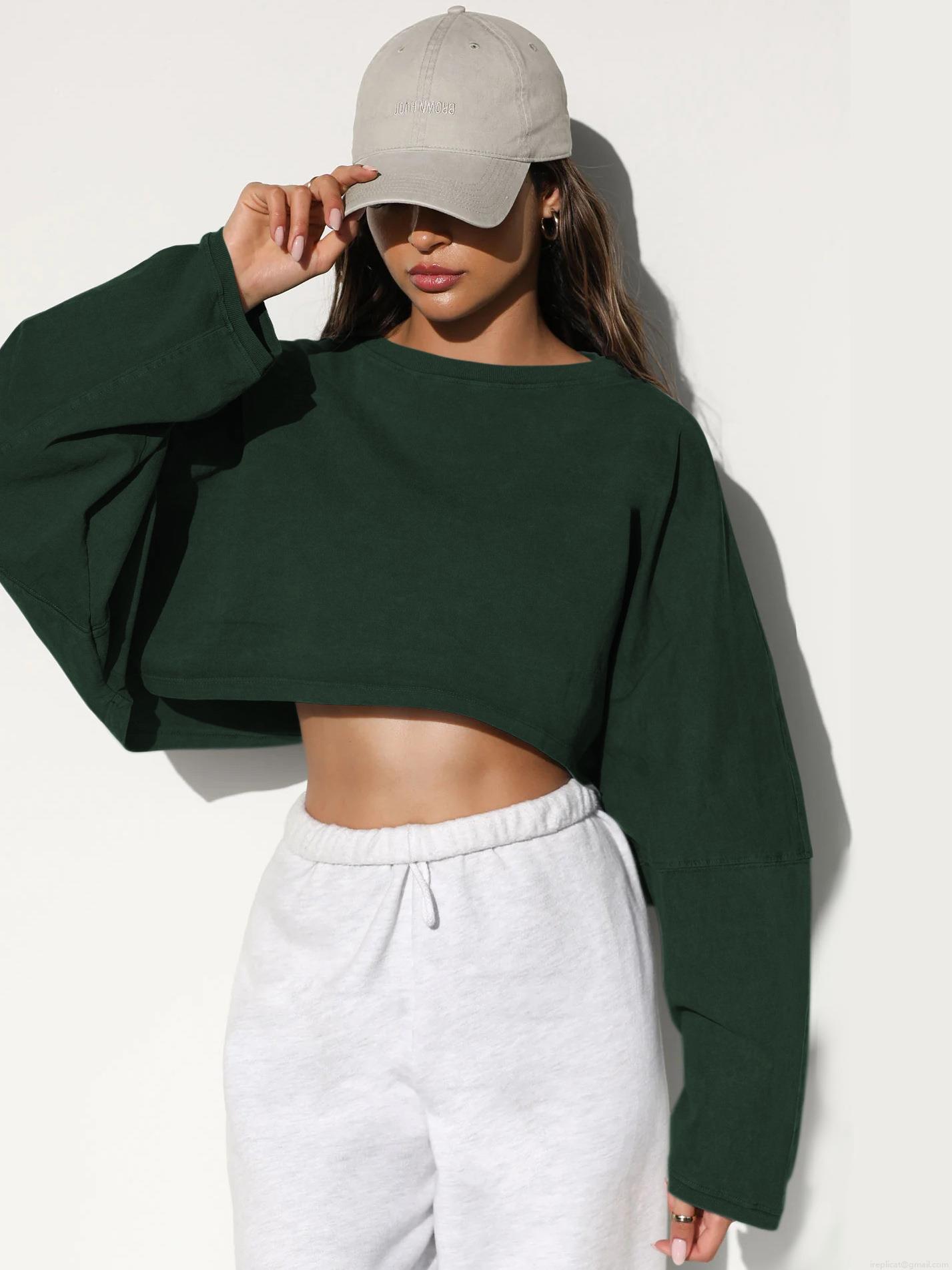 Women's Cropped Sweatshirt Knit Cotton Round Neck Long Sleeve Pullover Navel-Baring Drop Shoulder Streetwear Casual Sporty Fashion Top