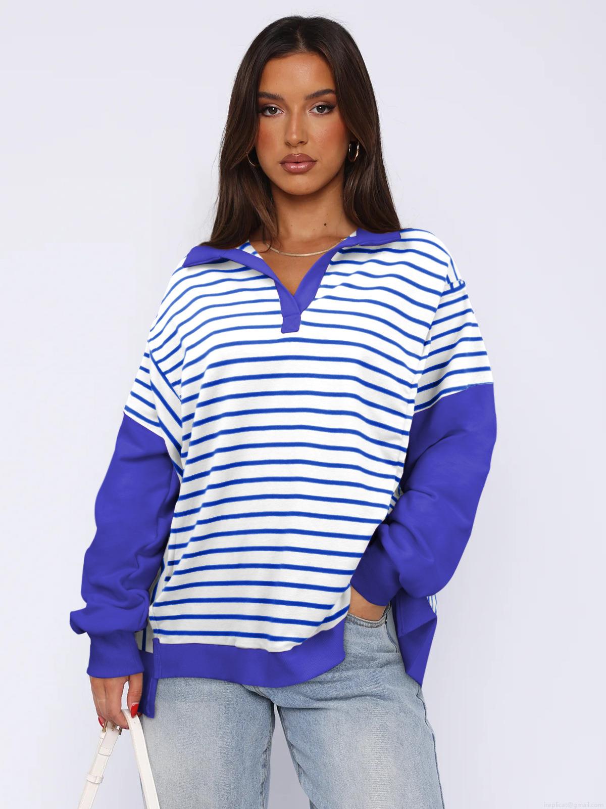 Women's Contrast Color Striped Long Sleeve Polo Sweatshirt Loose Fit Viscose Blend Pullover Side Split Casual Fashion Top Streetwear