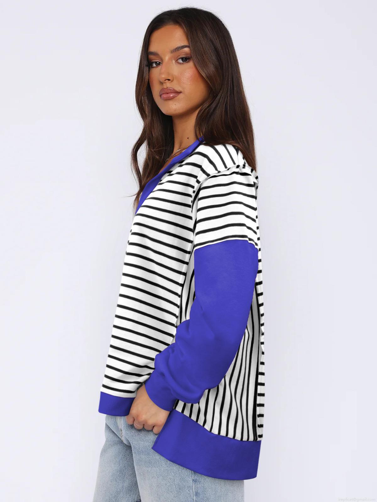 Women's Contrast Color Striped Long Sleeve Polo Sweatshirt Loose Fit Viscose Blend Pullover Side Split Casual Fashion Top Streetwear