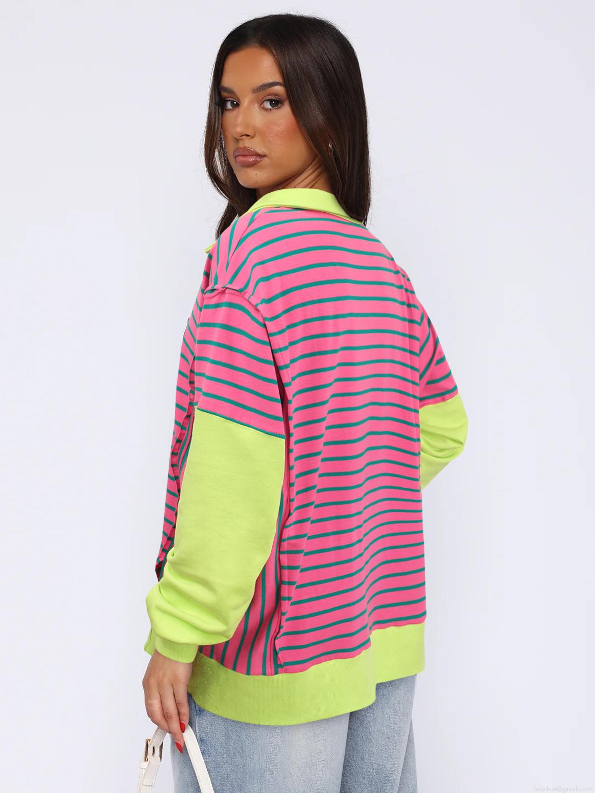 Women's Contrast Color Striped Long Sleeve Polo Sweatshirt Loose Fit Viscose Blend Pullover Side Split Casual Fashion Top Streetwear