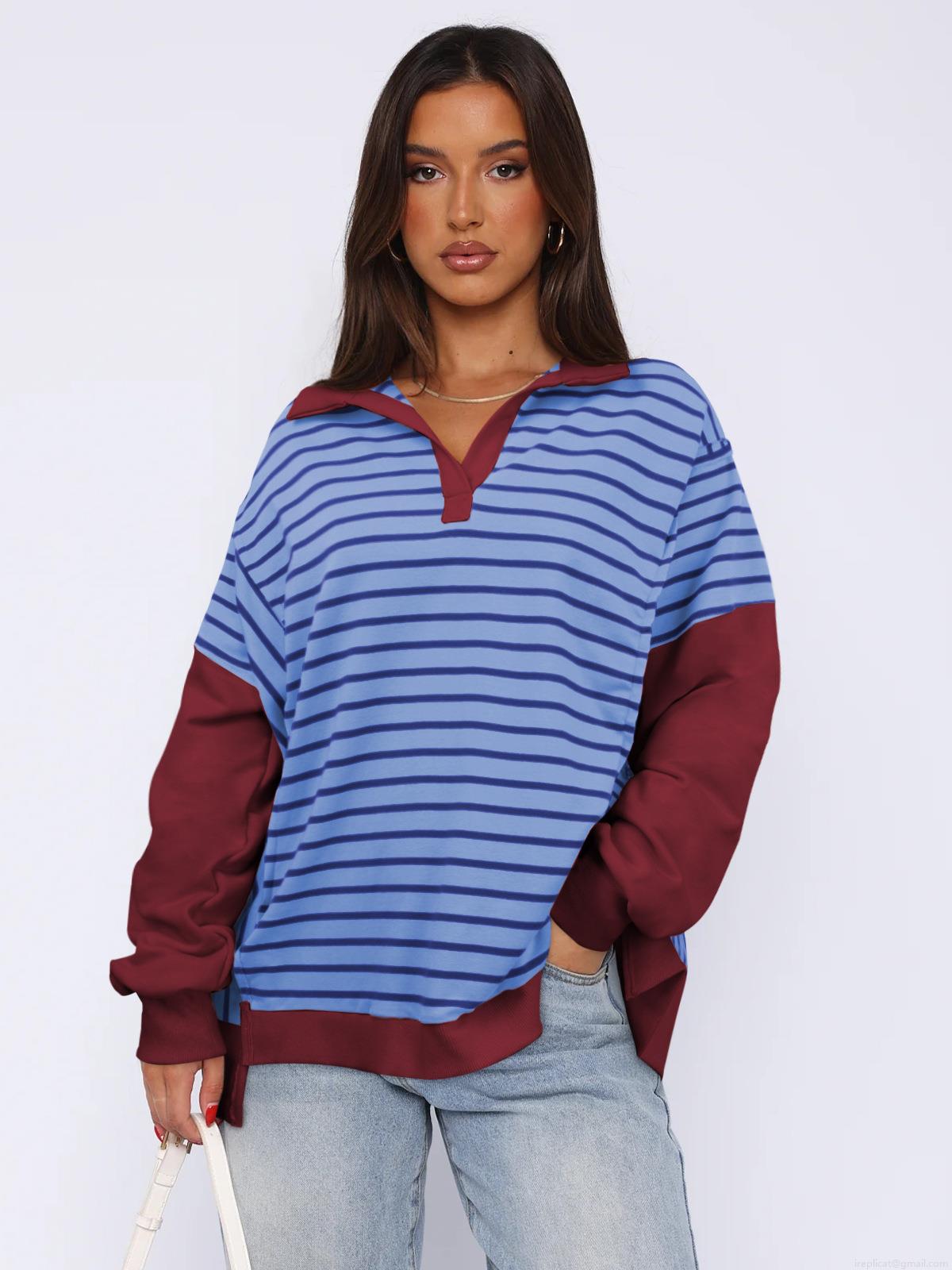 Women's Contrast Color Striped Long Sleeve Polo Sweatshirt Loose Fit Viscose Blend Pullover Side Split Casual Fashion Top Streetwear