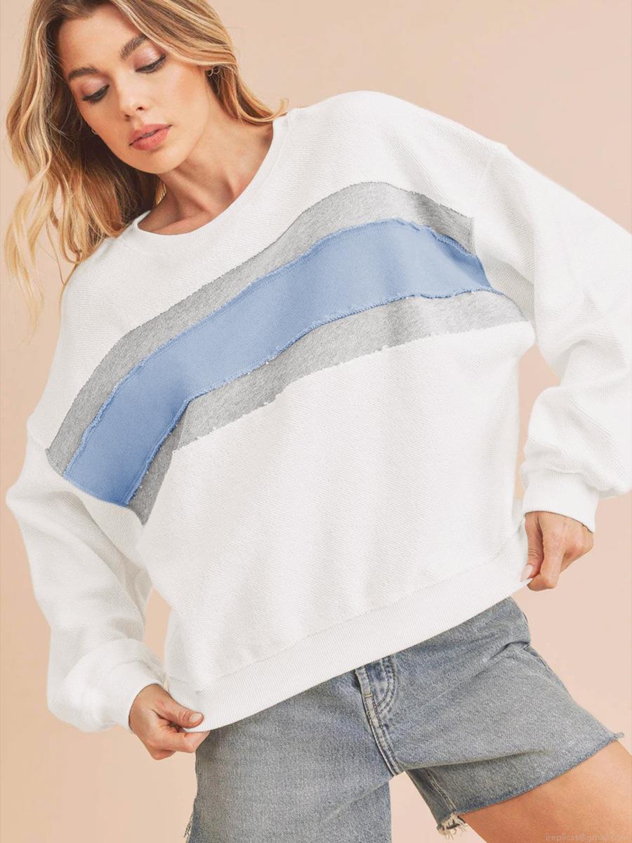 Women's Loose Contrast Color Patchwork Sweatshirt Long Sleeve Round Neck Pullover Top with Raw Edge Detail for Autumn Winter Casual Streetwear