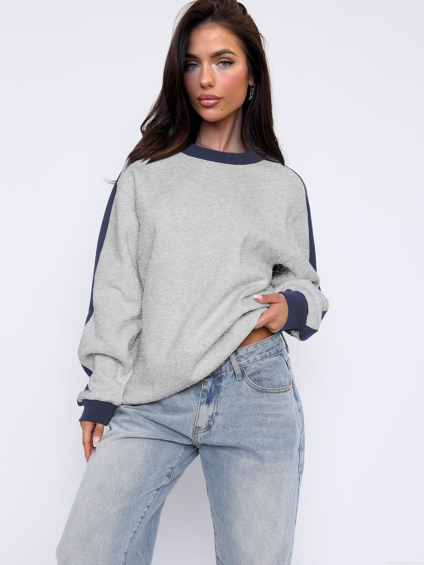 Women's Loose Color Block Sweatshirt Polyester Long Sleeve Crewneck Pullover Casual Patchwork Knitwear Tops For Fall Winter Fashion Women