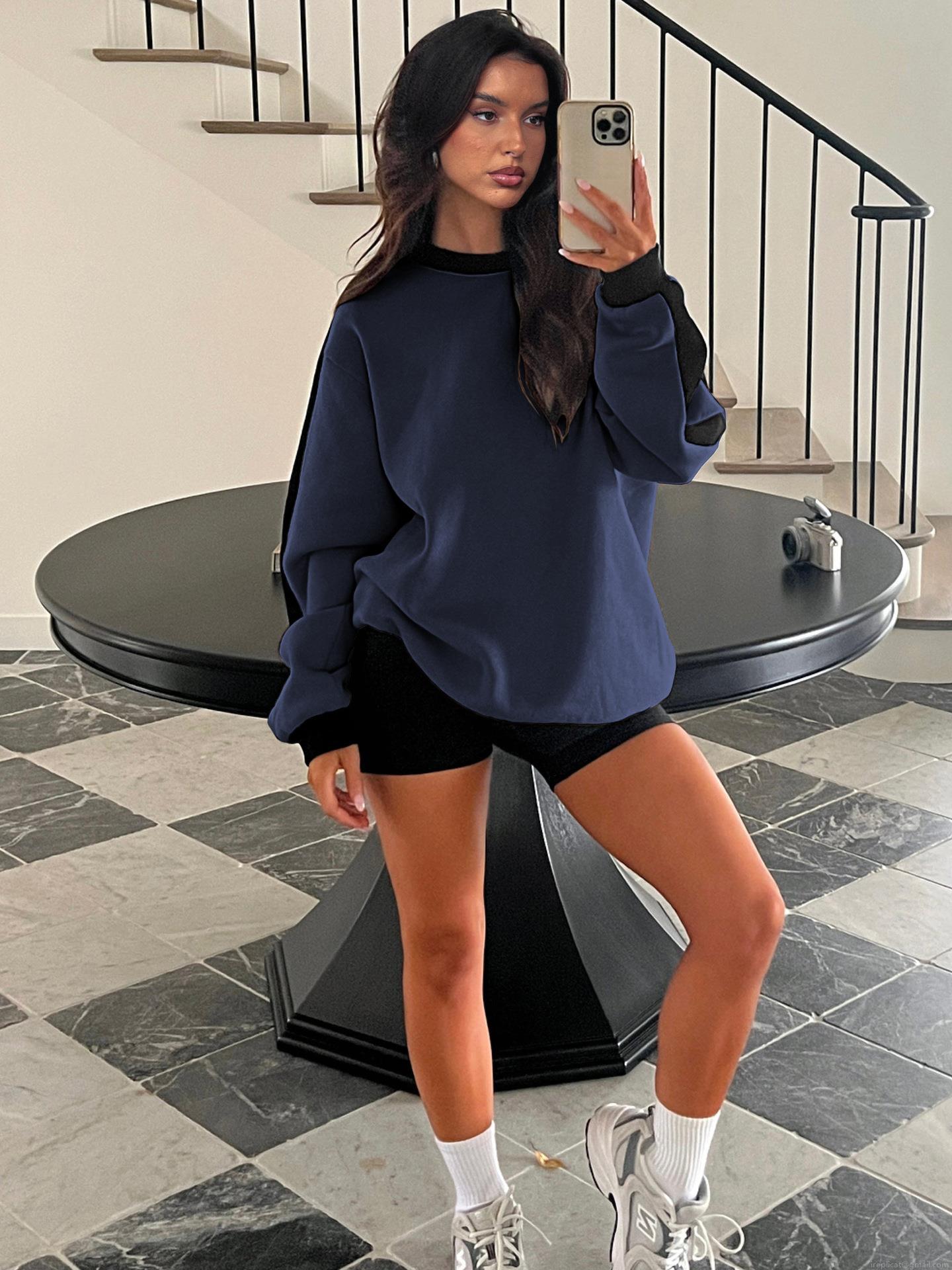 Women's Loose Color Block Sweatshirt Polyester Long Sleeve Crewneck Pullover Casual Patchwork Knitwear Tops For Fall Winter Fashion Women
