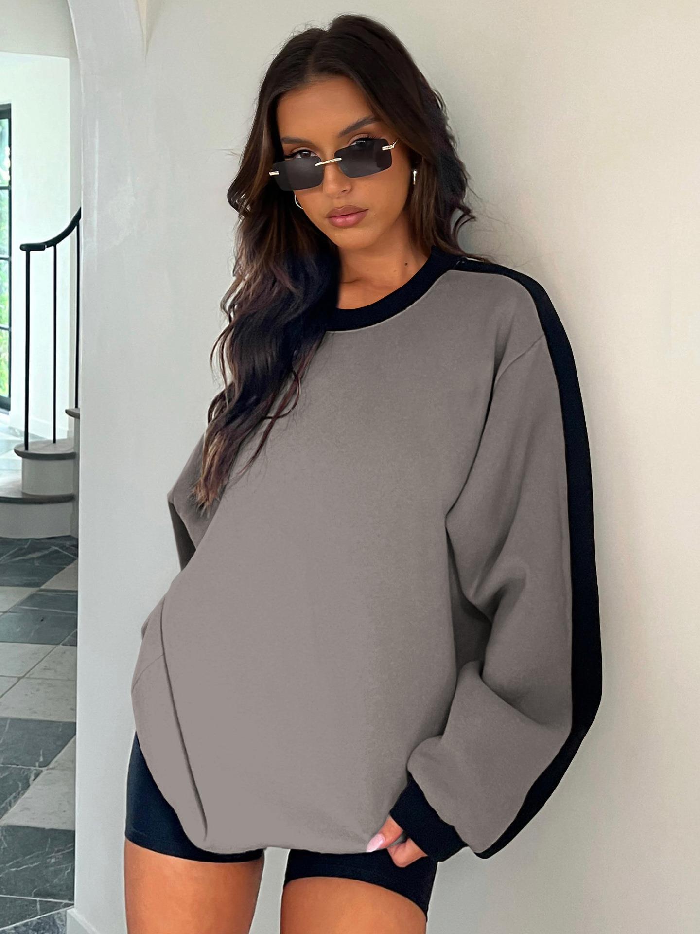 Women's Loose Color Block Sweatshirt Polyester Long Sleeve Crewneck Pullover Casual Patchwork Knitwear Tops For Fall Winter Fashion Women