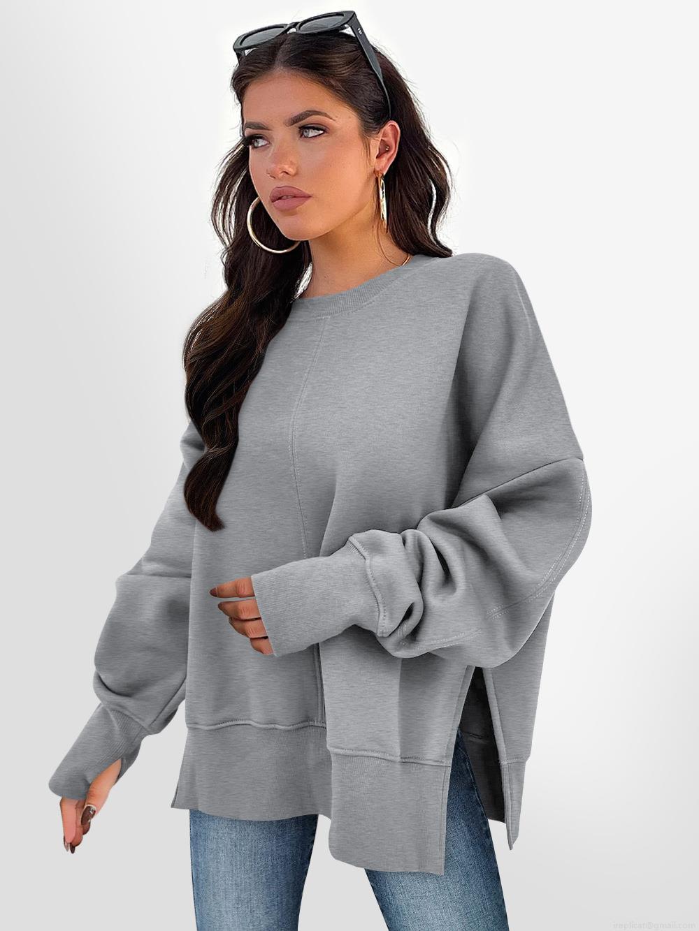 Women's Loose Round Neck Sweatshirt Cotton Blend Long Sleeve Side Split Pullover Casual Autumn Winter Sport Top Ladies Oversized Knitted Jumper