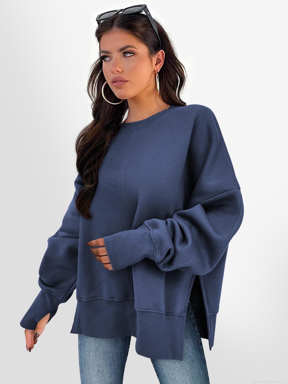 Women's Loose Round Neck Sweatshirt Cotton Blend Long Sleeve Side Split Pullover Casual Autumn Winter Sport Top Ladies Oversized Knitted Jumper