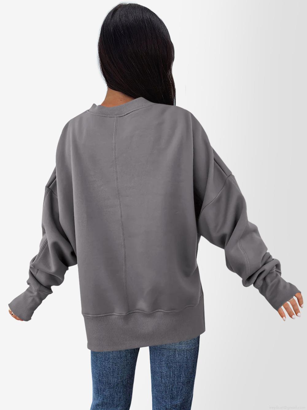 Women's Loose Round Neck Sweatshirt Cotton Blend Long Sleeve Side Split Pullover Casual Autumn Winter Sport Top Ladies Oversized Knitted Jumper