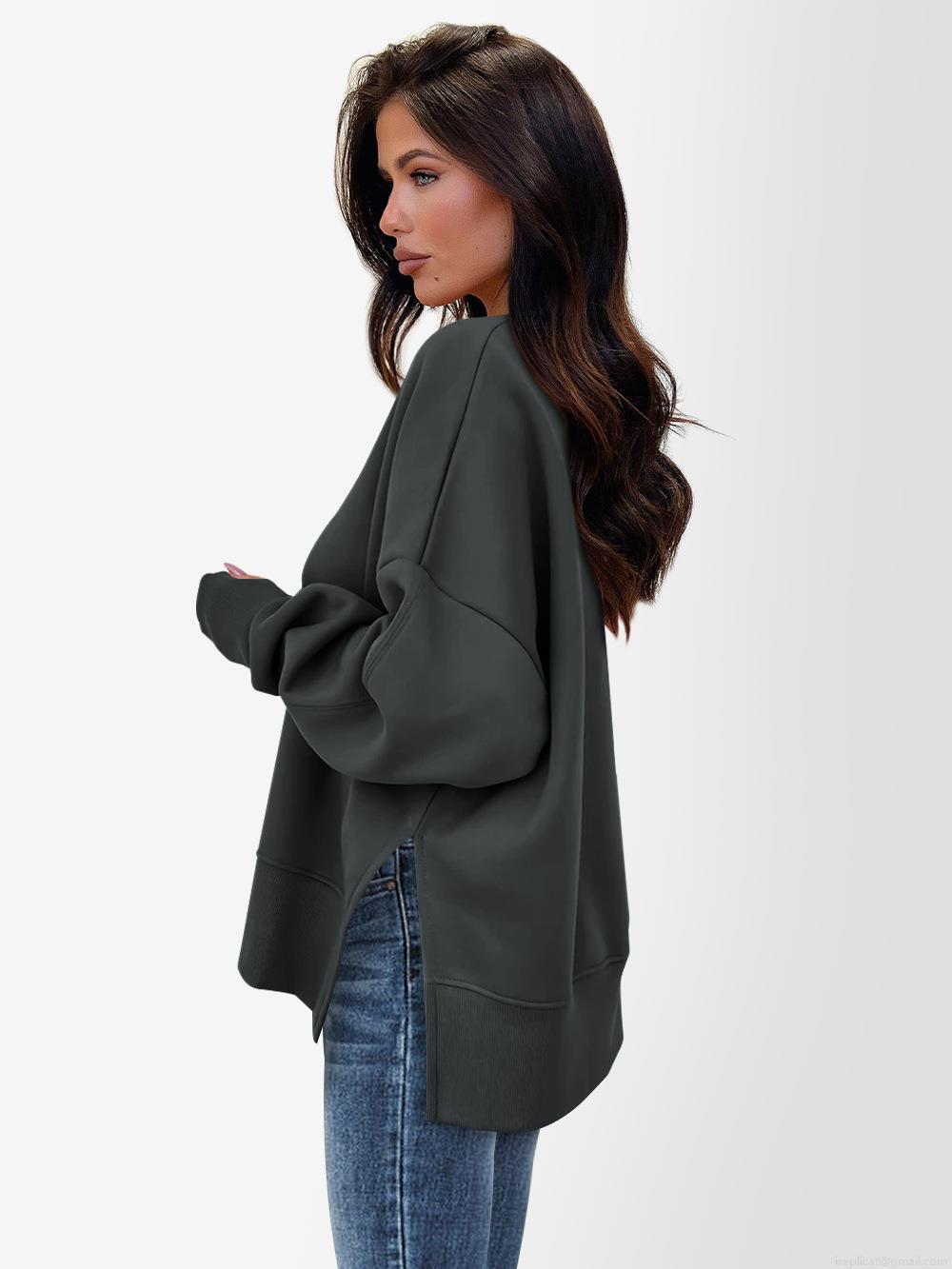 Women's Loose Round Neck Sweatshirt Cotton Blend Long Sleeve Side Split Pullover Casual Autumn Winter Sport Top Ladies Oversized Knitted Jumper