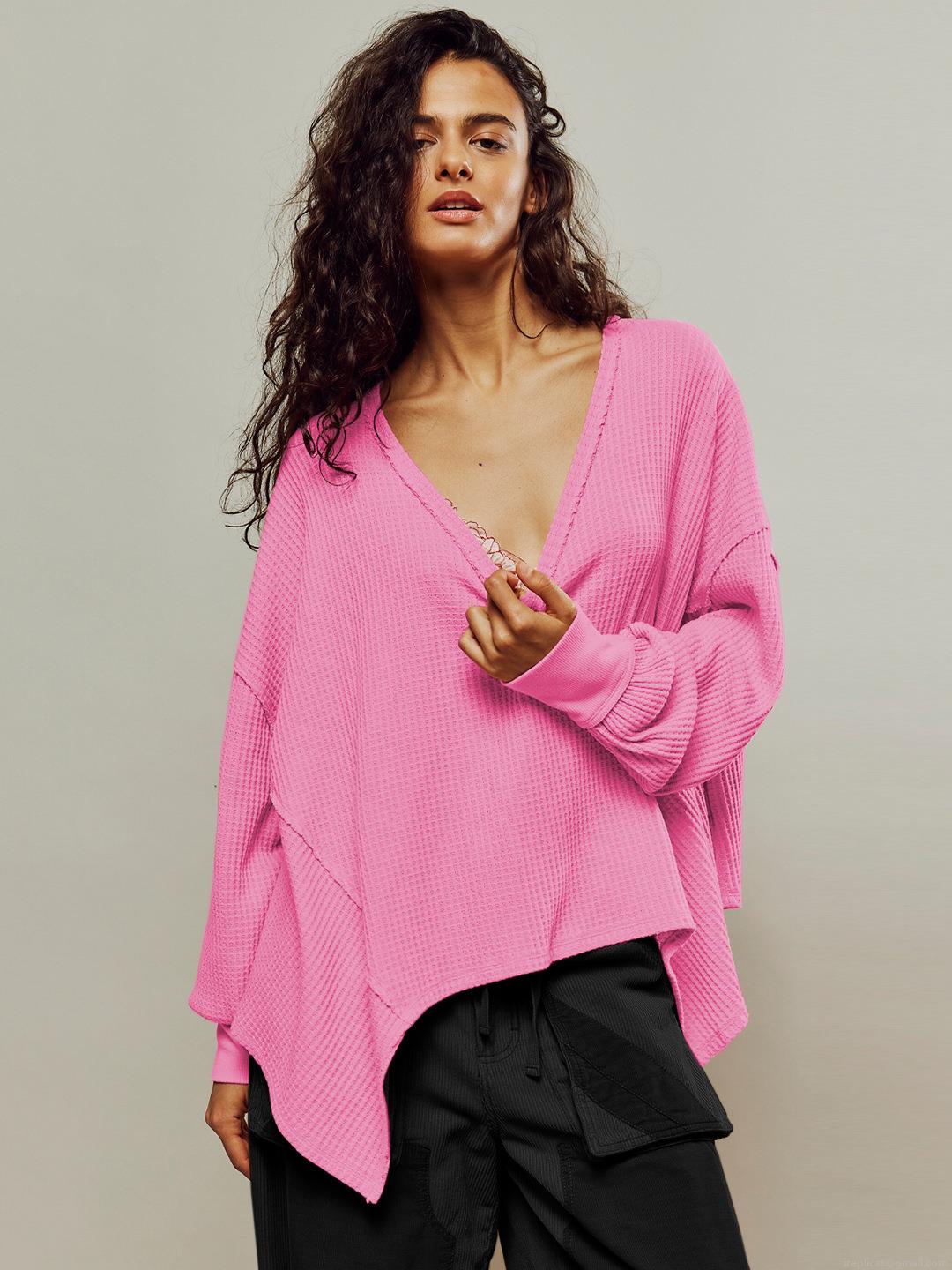 Women's Casual Waffle Knit Sweatshirt V Neck Long Sleeve Loose Oversized Pullover Top Fall Winter Fashion Solid Color Soft Comfortable Jumper Women