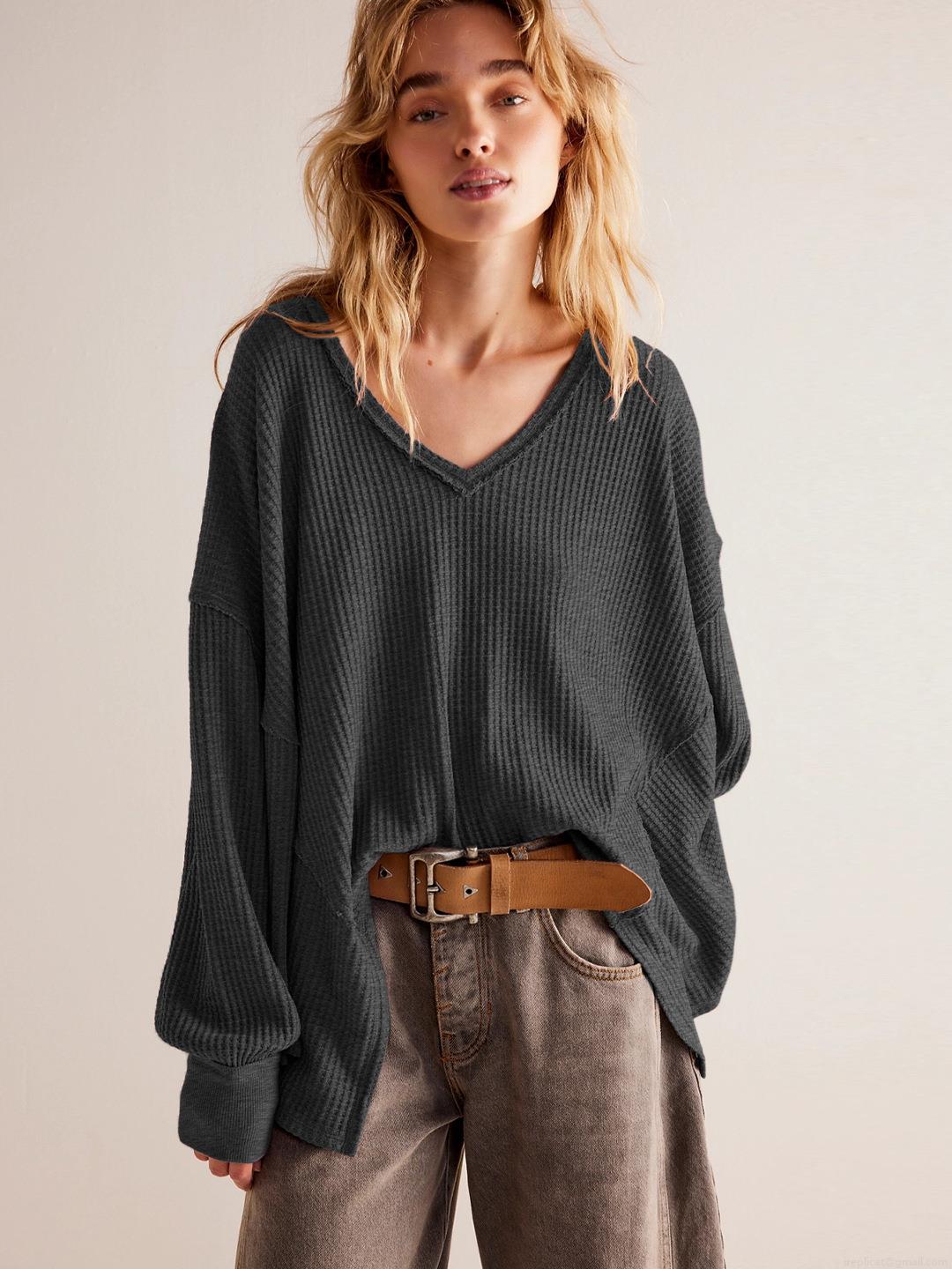 Women's Casual Waffle Knit Sweatshirt V Neck Long Sleeve Loose Oversized Pullover Top Fall Winter Fashion Solid Color Soft Comfortable Jumper Women