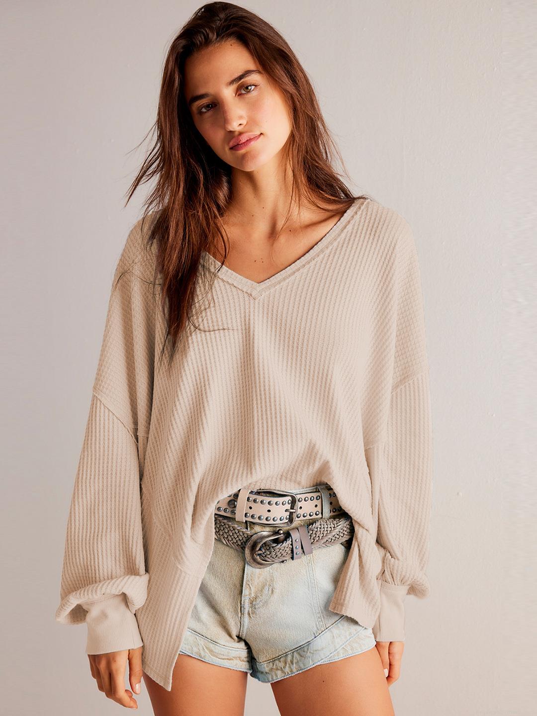 Women's Casual Waffle Knit Sweatshirt V Neck Long Sleeve Loose Oversized Pullover Top Fall Winter Fashion Solid Color Soft Comfortable Jumper Women