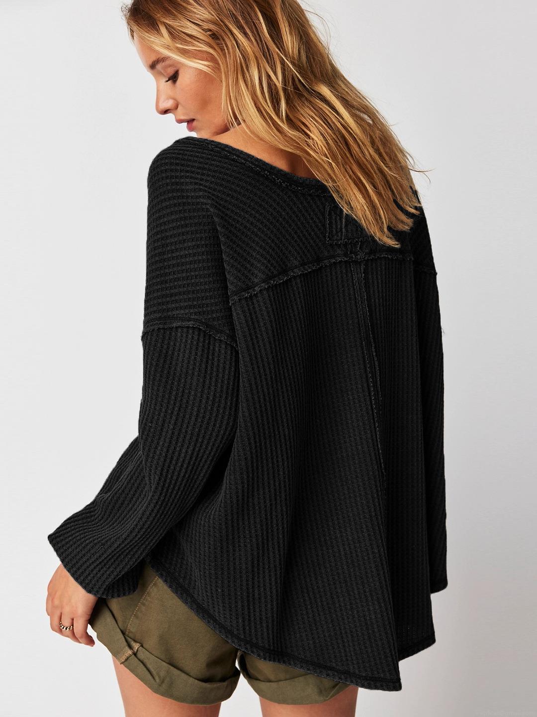 Women's Casual Waffle Knit Sweatshirt V Neck Long Sleeve Loose Oversized Pullover Top Fall Winter Fashion Solid Color Soft Comfortable Jumper Women
