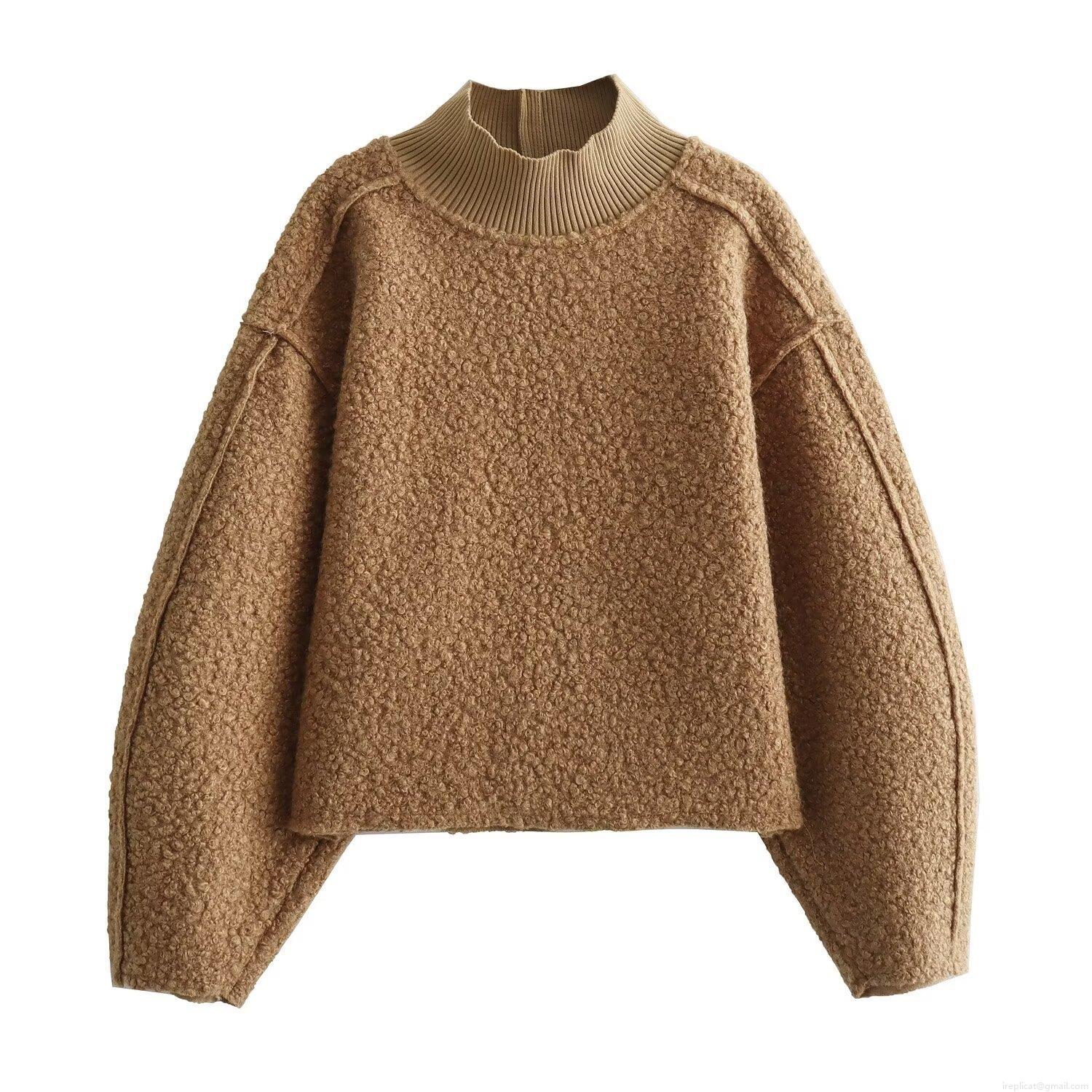 Women's Loose Granule Textured Sweatshirt Half High Neck Drop Shoulder Long Sleeve Pullover Cropped Casual Warm Bouclé Top For Autumn Winter