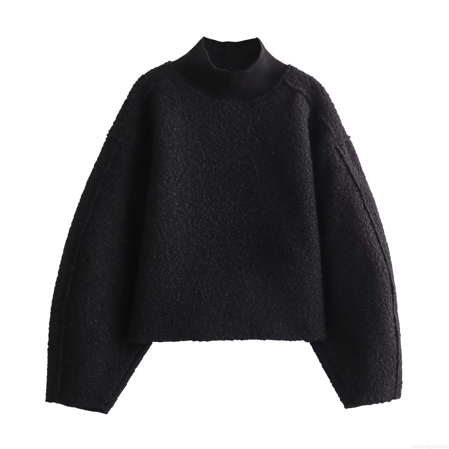 Women's Loose Granule Textured Sweatshirt Half High Neck Drop Shoulder Long Sleeve Pullover Cropped Casual Warm Bouclé Top For Autumn Winter