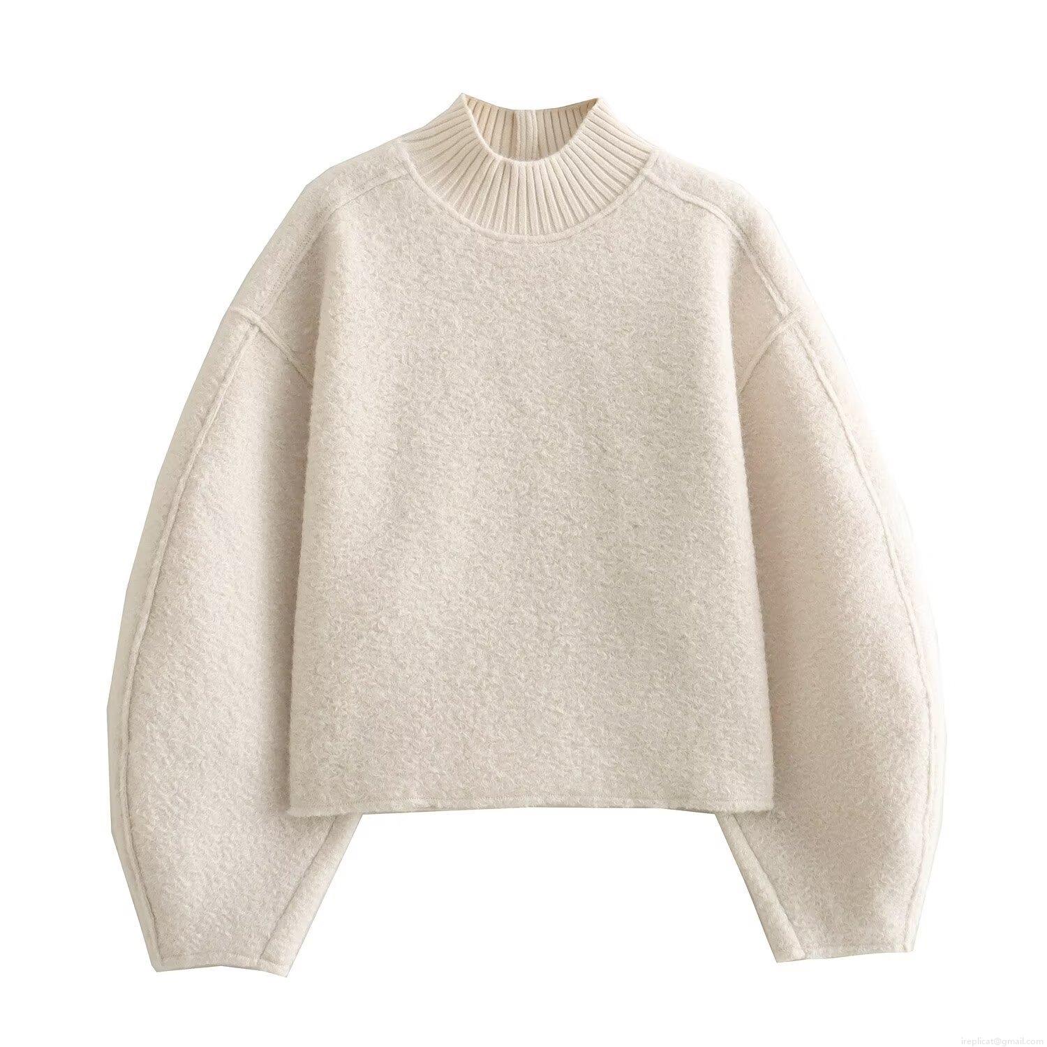 Women's Loose Granule Textured Sweatshirt Half High Neck Drop Shoulder Long Sleeve Pullover Cropped Casual Warm Bouclé Top For Autumn Winter