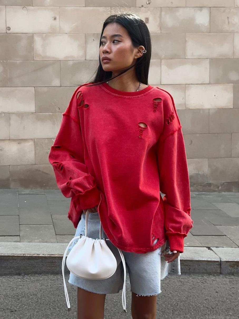Women's Oversized Distressed Sweatshirt Cotton Pullover Long Sleeve Streetwear Top With Destroyed Details For Autumn Spring Fashion