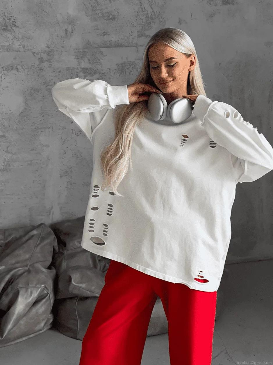 Women's Oversized Distressed Sweatshirt Cotton Pullover Long Sleeve Streetwear Top With Destroyed Details For Autumn Spring Fashion