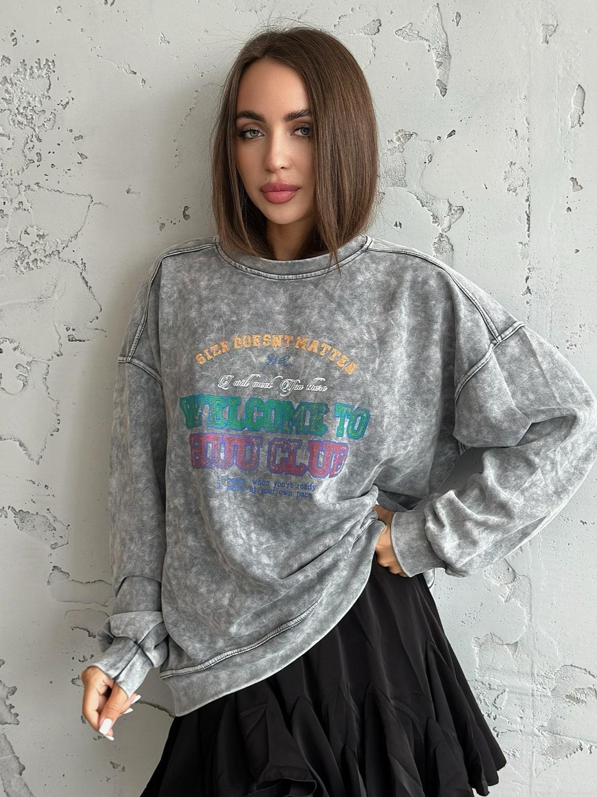 Women's Oversized Sweatshirt Vintage Acid Wash Cotton Letter Print Long Sleeve Crewneck Pullover Streetwear Tops For Women Casual Fashion