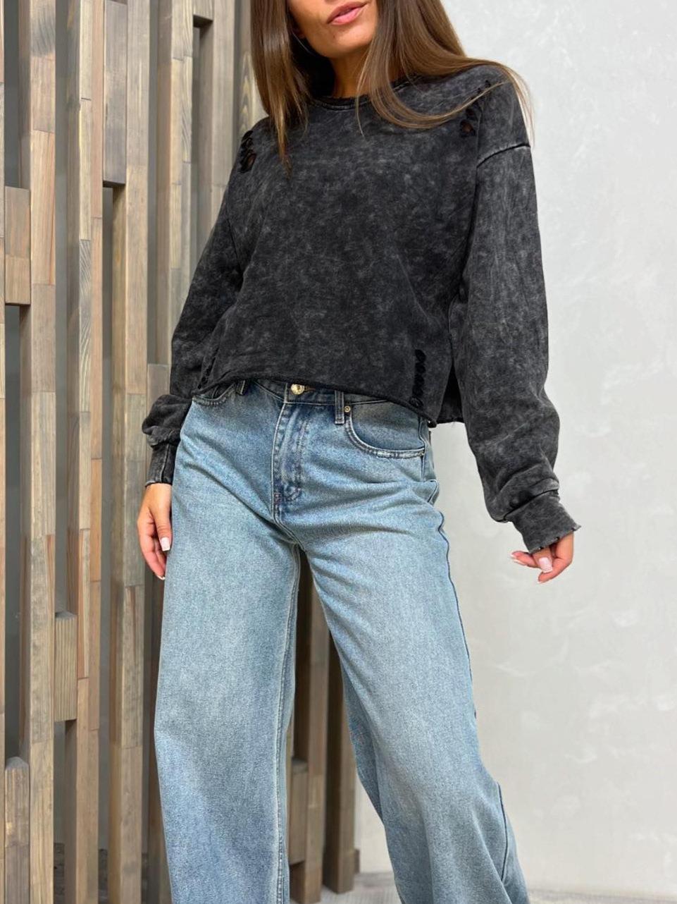 Women's Acid Wash Distressed Sweatshirt Cotton Blend Long Sleeve Crewneck Pullover With Ripped Details Casual Oversized Streetwear Autumn Top