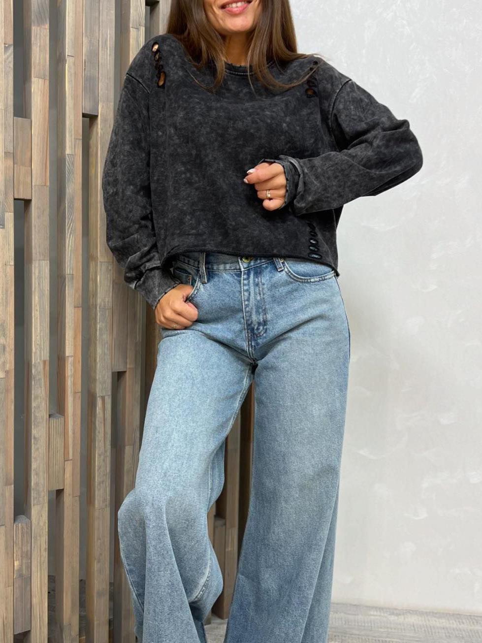 Women's Acid Wash Distressed Sweatshirt Cotton Blend Long Sleeve Crewneck Pullover With Ripped Details Casual Oversized Streetwear Autumn Top