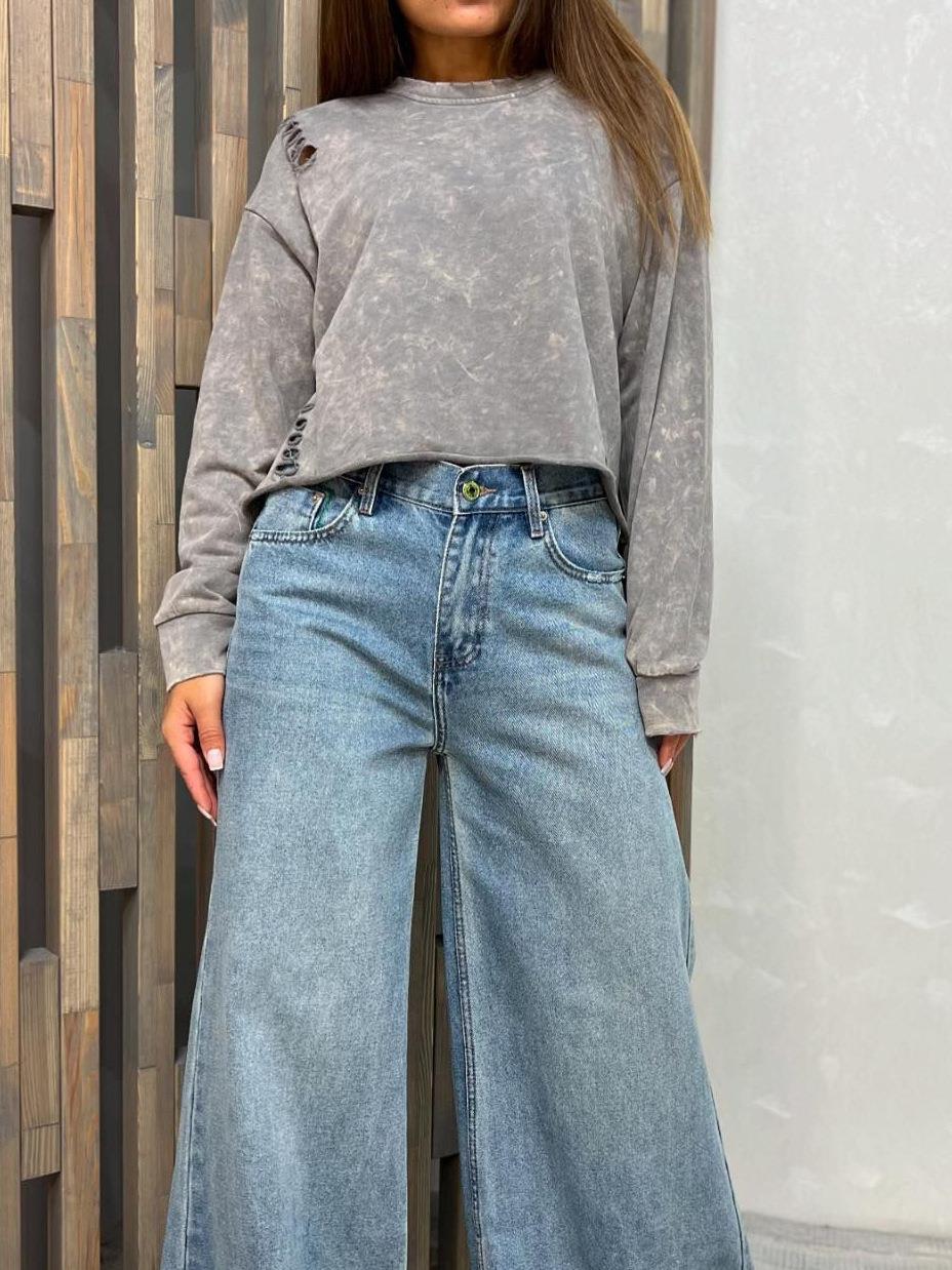 Women's Acid Wash Distressed Sweatshirt Cotton Blend Long Sleeve Crewneck Pullover With Ripped Details Casual Oversized Streetwear Autumn Top