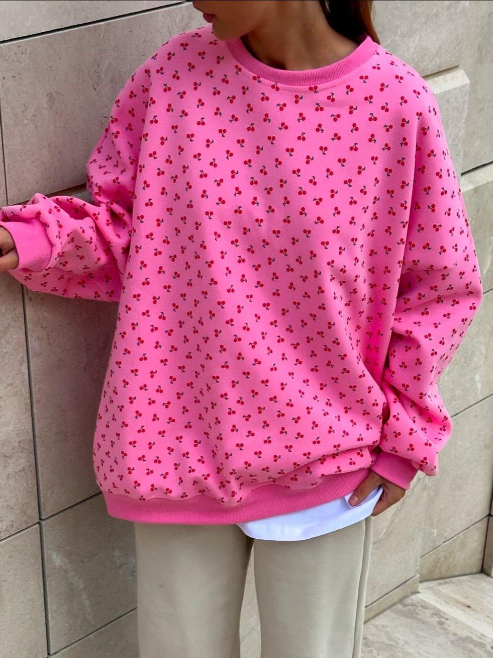 Women's Cherry Print Sweatshirt Cotton Blend Loose Fit Crew Neck Long Sleeve Pullover Casual Streetwear Autumn Winter Fashion Tops