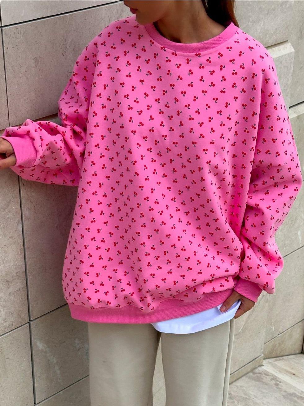 Women's Cherry Print Sweatshirt Cotton Blend Loose Fit Crew Neck Long Sleeve Pullover Casual Streetwear Autumn Winter Fashion Tops