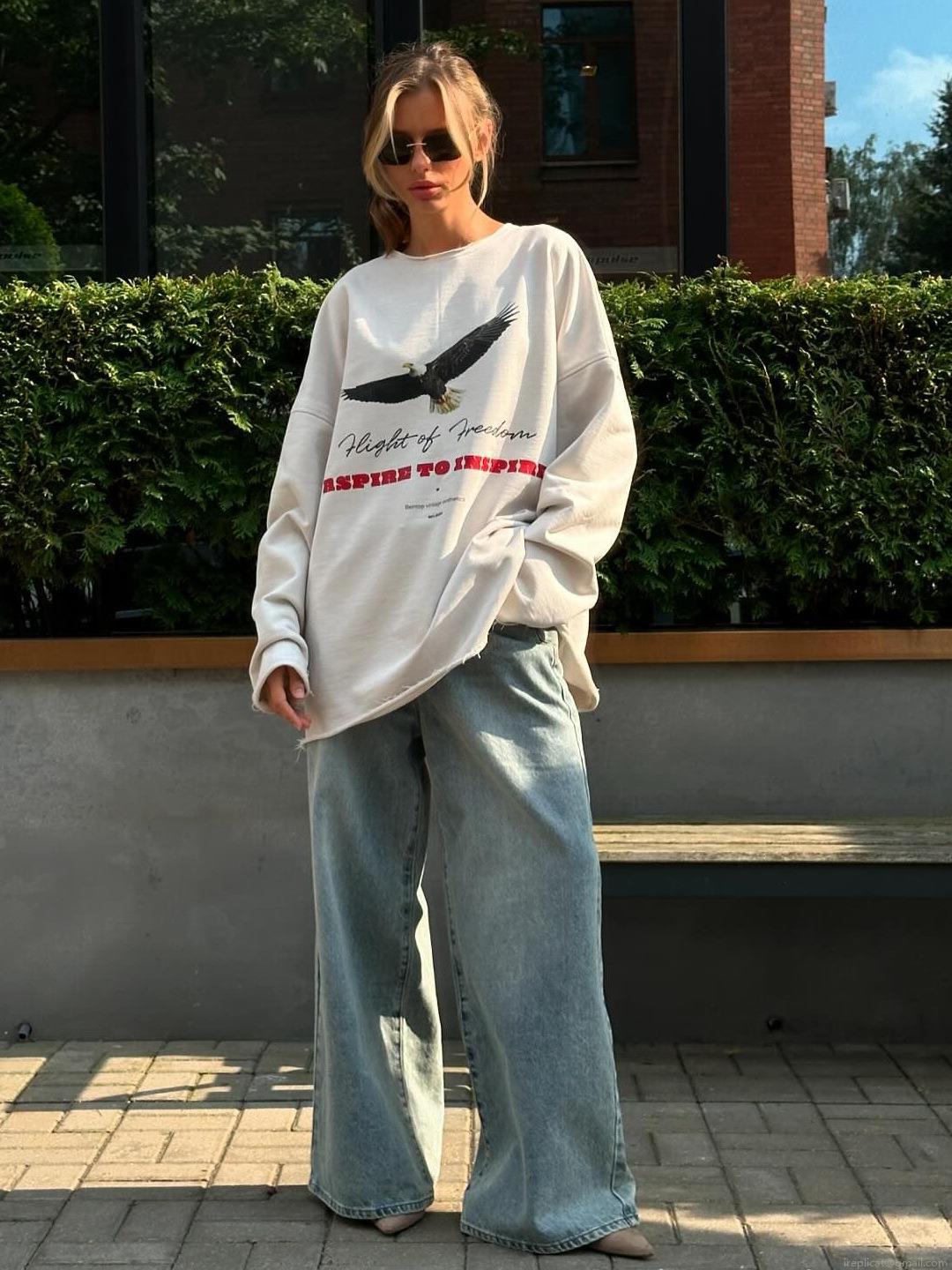 Women's Oversized American Retro Eagle Print Sweatshirt Cotton Blend Long Sleeve Crewneck Pullover Streetwear Casual Fashion Top