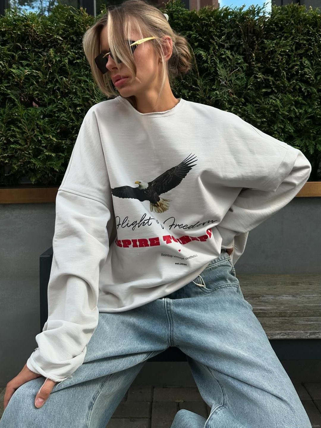 Women's Oversized American Retro Eagle Print Sweatshirt Cotton Blend Long Sleeve Crewneck Pullover Streetwear Casual Fashion Top