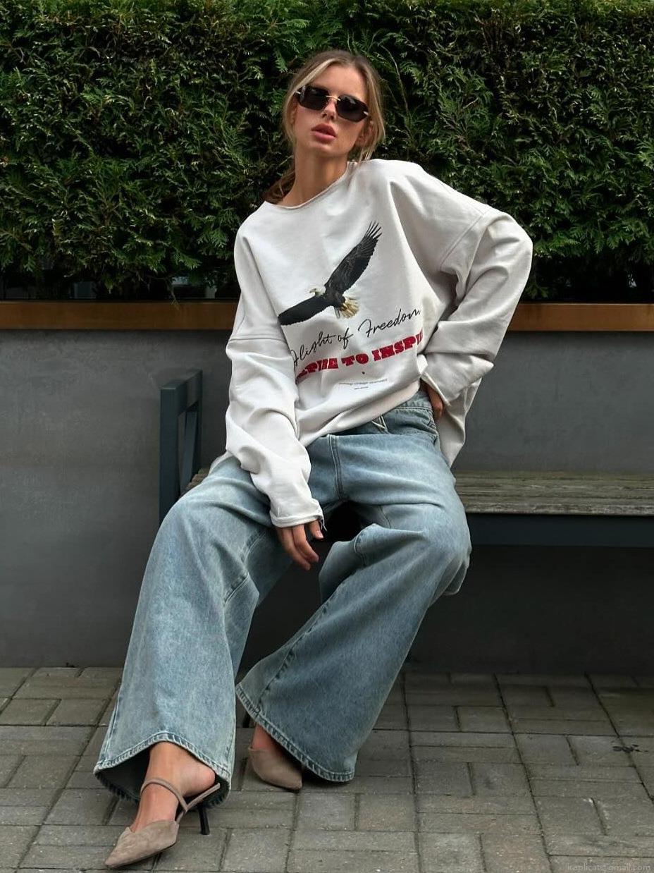 Women's Oversized American Retro Eagle Print Sweatshirt Cotton Blend Long Sleeve Crewneck Pullover Streetwear Casual Fashion Top